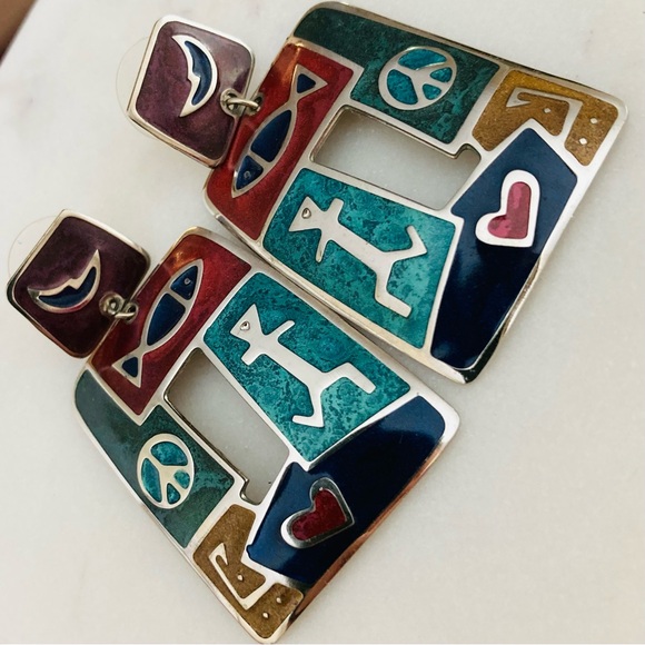 Edgar Berebi Enamel Dangle Stud Earrings Silver Tone Fish Man Peace Sign Heart - Picture 11 of 11